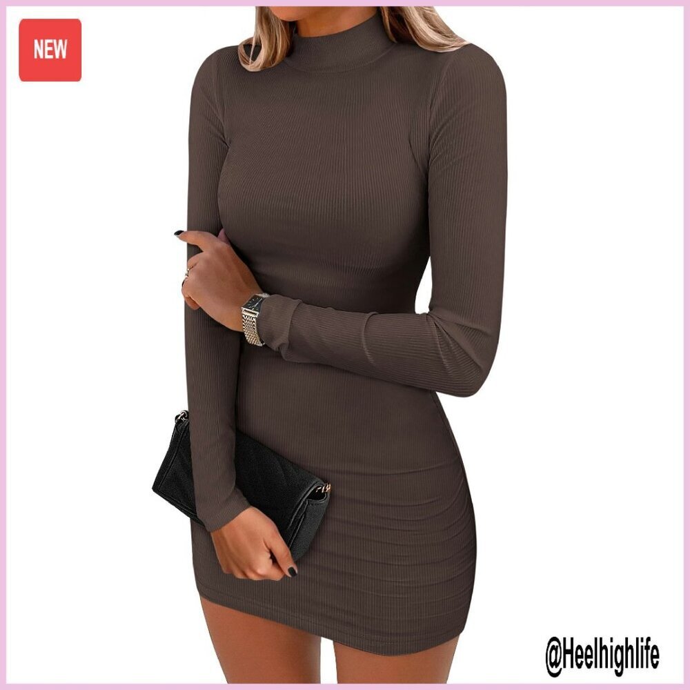 Long Sleeve Mock Neck Bodycon Mini Dress Ribbed Slim Fit Cocktail